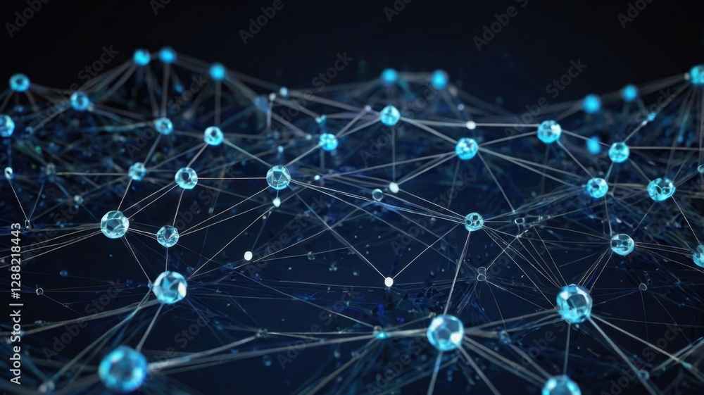 Aufkleber abstract cybersecurity network with blue spheres and connecting lines on dark background depicting m