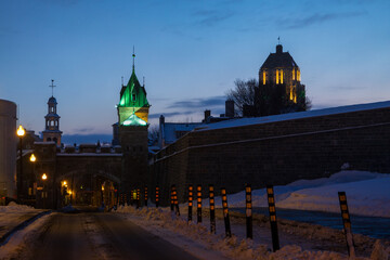 
The Dauphine street and 1879 Kent Gate seen during a winter blue hour morning, Quebec City,...