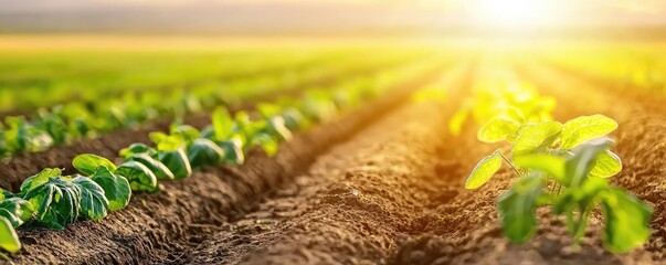 Earth day environmental idea. Vibrant green crops basking in sunlight on a beautiful farming landscape.