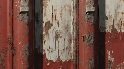 Weathered Metal Surface With Rust Marks and Peeling Red and White Paint