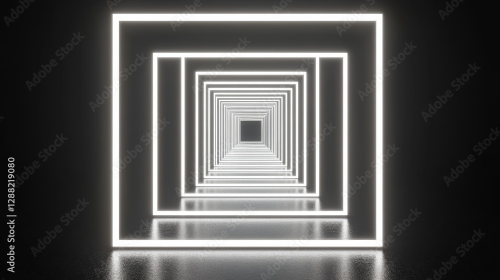 Poster a 3d abstract geometric design with white neon laser lines forming a square wireframe grid tunnel in