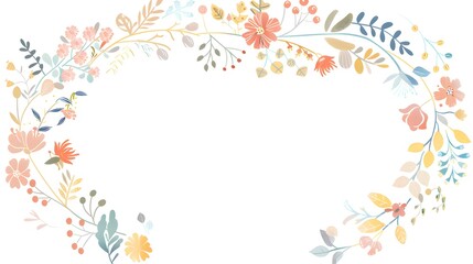 Fototapeta premium Minimalist Easter wreath composed of simple line drawings of flowers and leaves, set against a pristine white background. The circular wreath features subtle pastel-colored accents