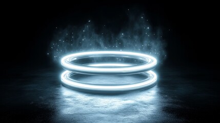 An abstract futuristic 3D render with neon laser round white circles in a black space, isolated. This cyber sci-fi disco music template illustration
