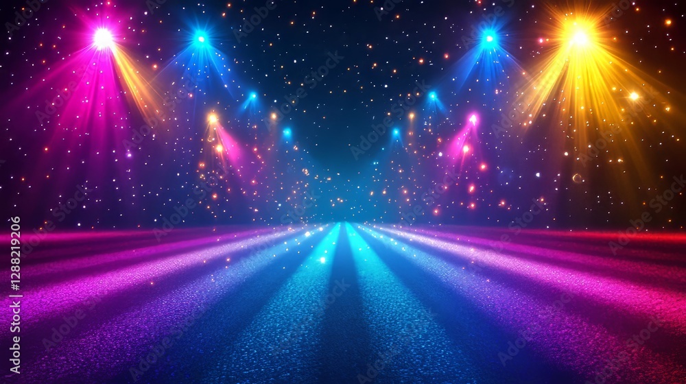 Poster an abstract 3d background with colorful, glowing neon wireframe grid squares in a rainbow palette, e