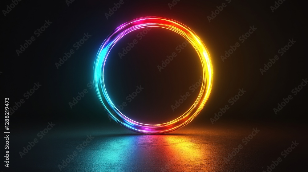 Poster glowing circles in a neon rainbow pattern, rendered in 3d and set against a black space, create an a
