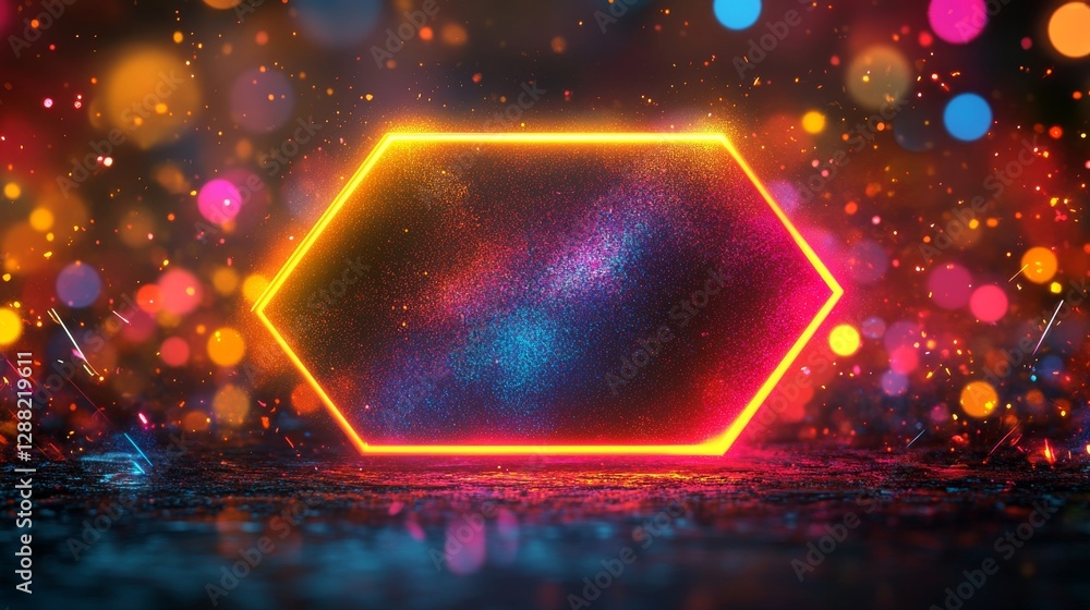 Poster a dark background showcasing a 3d abstract with a minimalistic design, highlighting a rainbow-hued f