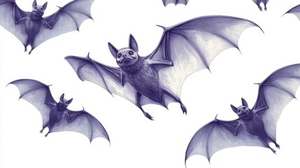 Fototapeta premium A spooky horror background featuring cartoon Halloween bats flying in a white sky, illustrated in a modern art pattern, isolated.