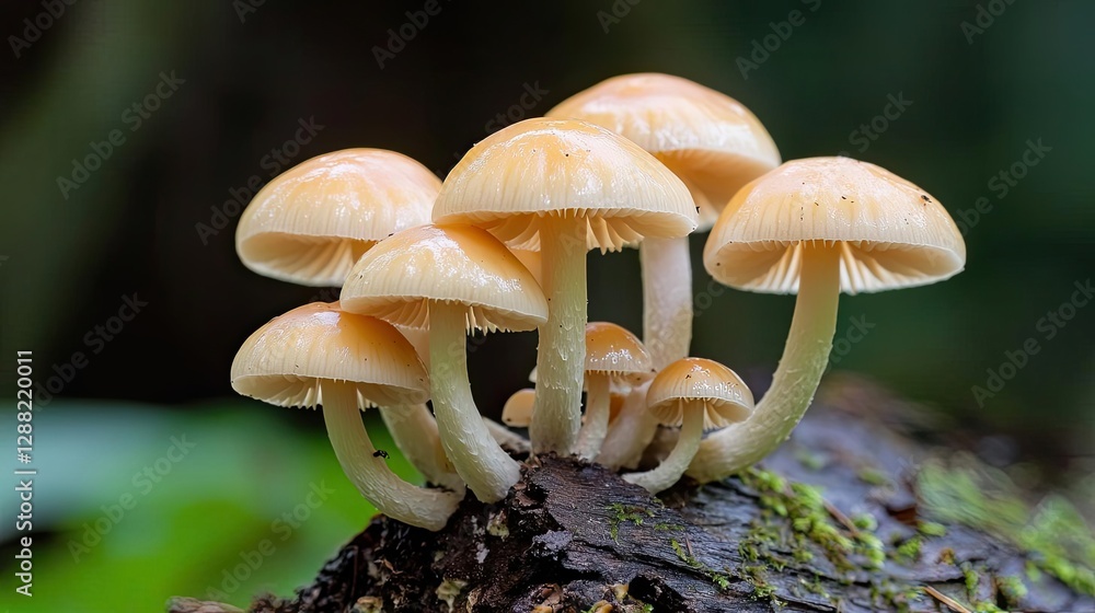 Aufkleber earth day environmental concept. a cluster of delicate orange mushrooms growing on a fallen log in a