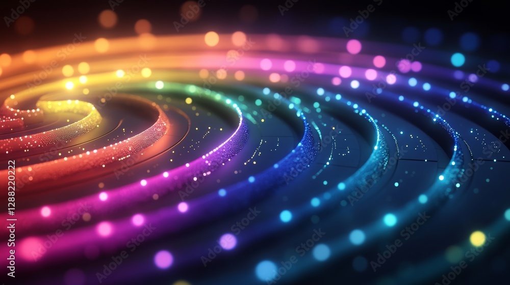 Poster an isolated 3d render of a cyber y2k torus shape with a glowing neon rainbow wireframe grid on a bla