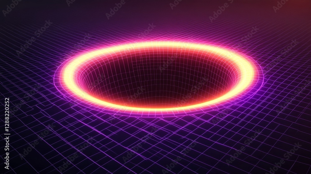 Poster a futuristic 3d render featuring a glowing neon rainbow wireframe grid in a cyber y2k torus shape, s