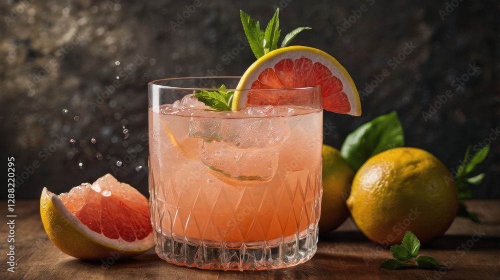 Aufkleber refreshing paloma drink with grapefruit slice and mint garnish on a wooden table with dark textured 