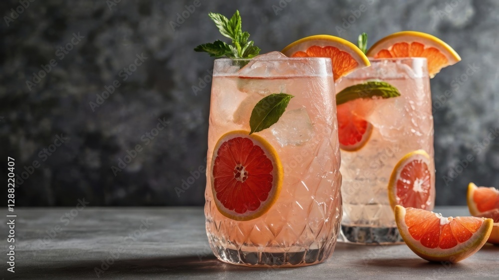 Aufkleber refreshing paloma drinks with grapefruit slices and crushed ice with a gray textured backdrop in a s