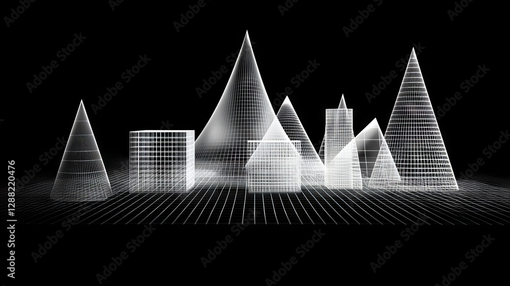 Poster a 3d render of cyber-futuristic wireframe grid square white geometric math shapes on a black backgro