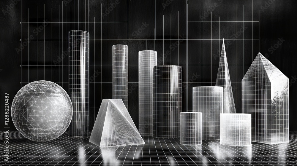 Aufkleber a 3d render featuring a collection of cyber-futuristic wireframe grid square white geometric math sh