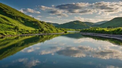 Obraz premium Serene River Landscape with Lush Green Hills Reflecting Sky and Clouds in Clear Waters Under Bright Sunlight on Tranquil Day