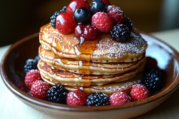 Delicious pancakes with berries, and honey. Brunch or breakfast background