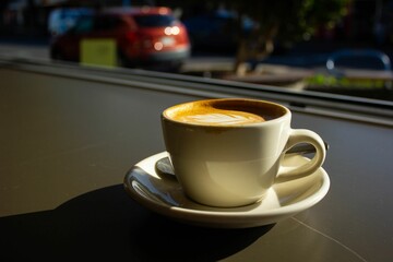 Cappuccino with latte art by a window