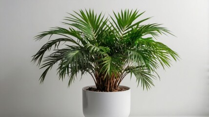 Fototapeta premium Vibrant Areca Palm in White Pot Indoor Plant Against a Neutral Background with Soft Lighting for Home Decor and Fresh Environment