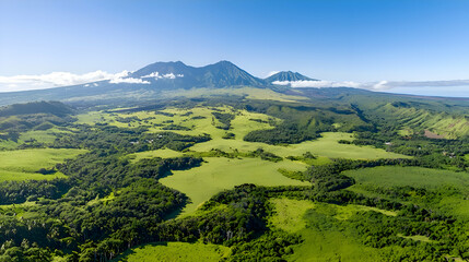 Obraz premium Aerial View of Lush Green Valley and Mountains under a Blue Sky