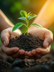 Hands nurturing a young plant in rich soil outdoors