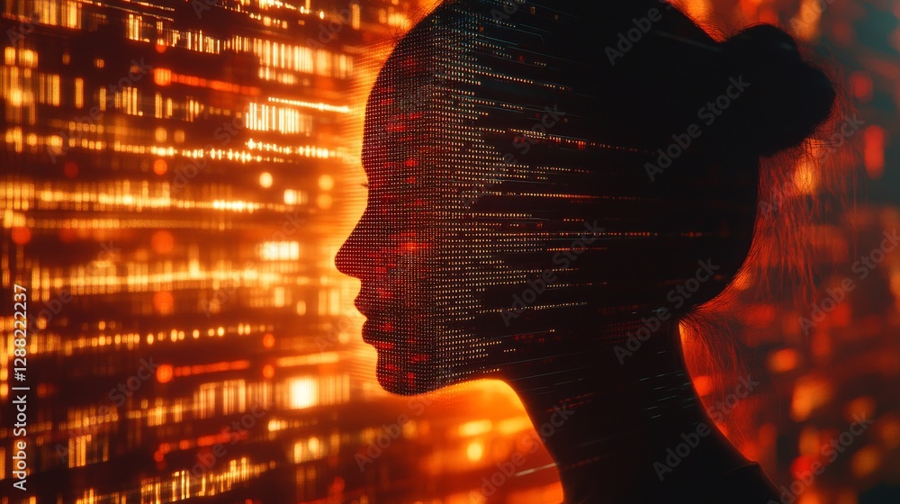 Poster in a science presentation, an abstract background showcases a futuristic female robot with an artifi