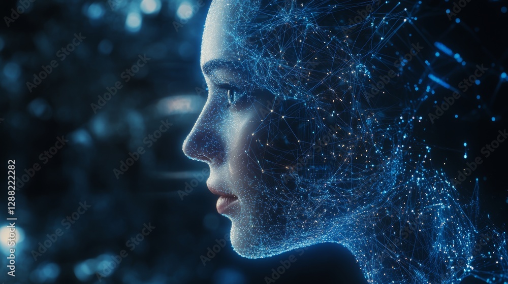Poster an abstract illustration of a technology-driven cyber human brain in blue, featuring a robot with an