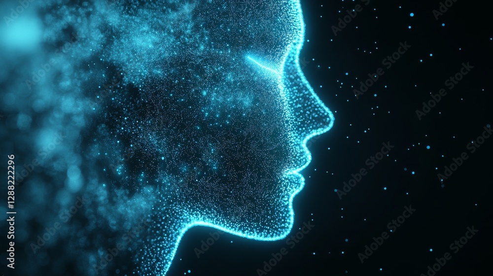Poster a blue concept illustration showcasing a futuristic robot with an artificial intelligence ai and a c