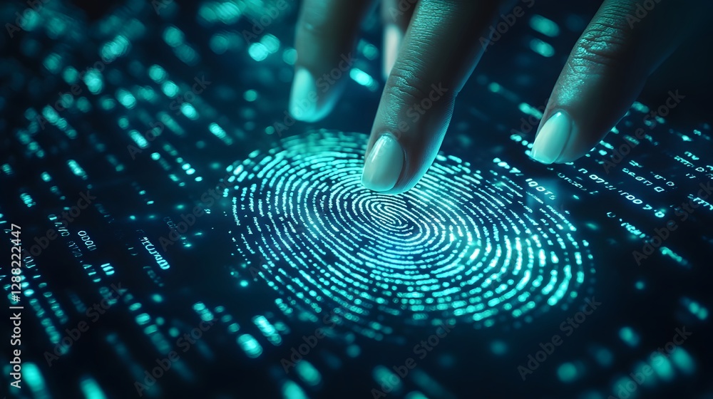 Poster fingerprint biometric security scan on digital screen