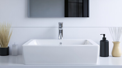 Fototapeta premium Modern ceramic art basin with sleek design, chrome faucet, and minimalist decor. Perfect for contemporary bathrooms, enhancing elegance and functionality