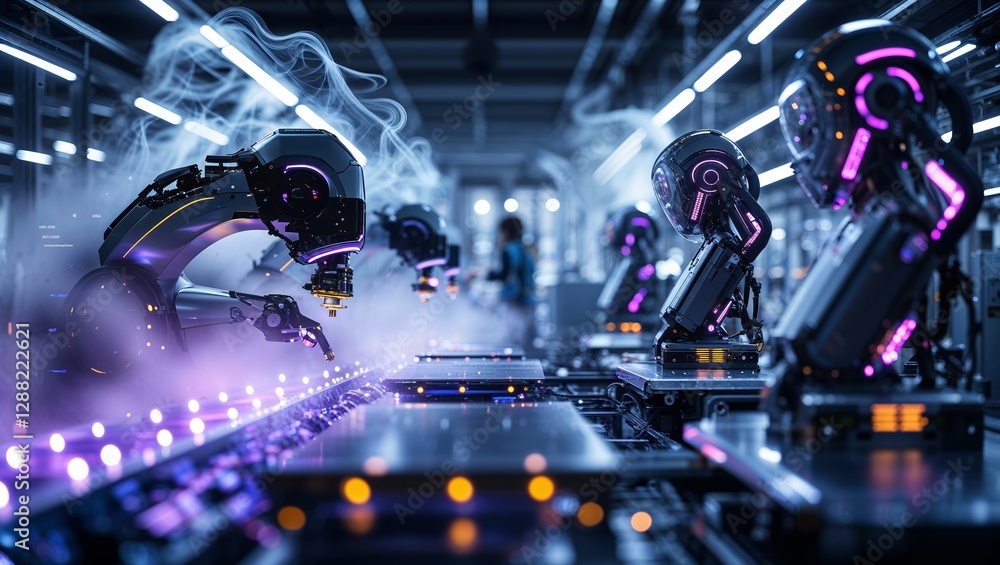Aufkleber advanced robotic arms performing automated assembly in a modern factory setting during nighttime ope