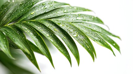 Dewy palm frond, white background, closeup, nature
