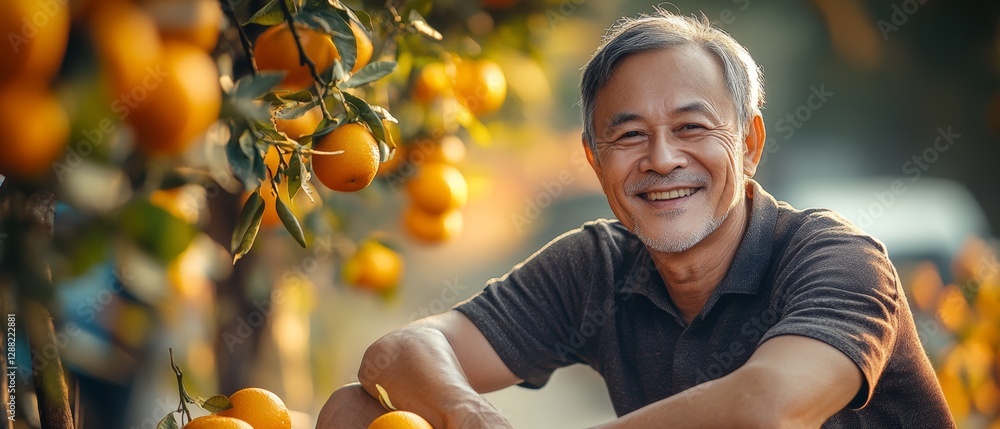 Poster man is sitting under a tree with oranges. he is smiling and he is happy. concept of relaxation and c