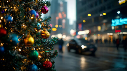 Decorated Christmas Tree on City Street at Night