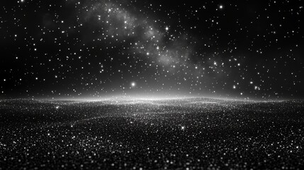 The night sky is dark and starry, featuring abstract patterns of blinking white stars. Glowing shine and glitter particles create a template texture, evoking dust glamour and luxury in a silver