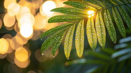 Dewy palm leaf sunset bokeh garden background