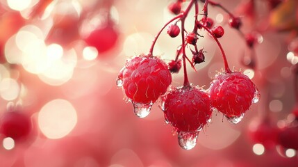 Dewy raspberries on branch, autumn orchard, bokeh background, food packaging