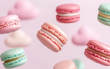 Obraz premium A whimsical composition of macarons floating in midair, surrounded by soft pastelcolored clouds, dreamlike and playful