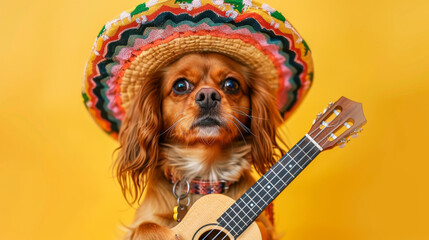 cute dog wearing colorful sombrero and holding small ukulele against yellow background. Funny and festive pet portrait perfect for celebrations, music, cultural themes Cinco De Mayo holiday Funny pets