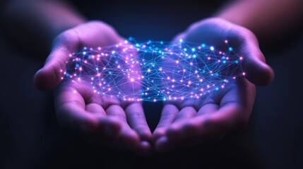 An abstract digital technology background in futuristic blue, showcasing hands holding a glowing light, representing fantasy magic, machine learning, CPU, AI chip, hologram, semiconductor processor,