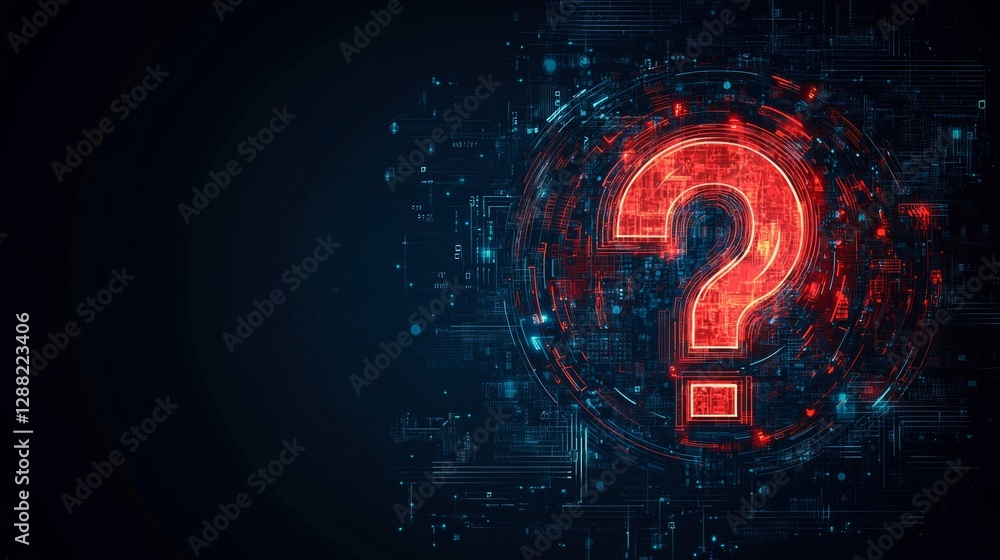 Poster an abstract digital technology illustration with a 3d render of a red neon question mark glowing on 
