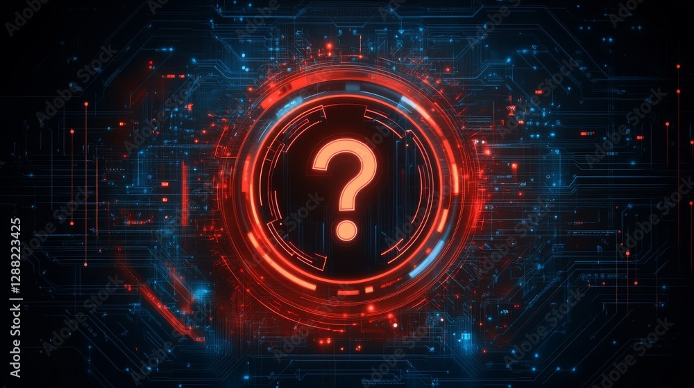 Poster a digital technology faq concept illustration with a 3d render of a glowing red neon question mark o
