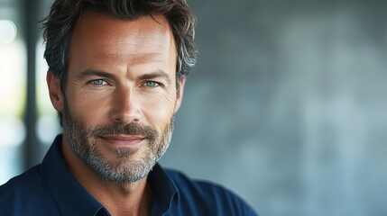 Modern businessman exudes confidence and professionalism in a deep blue shirt.
