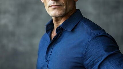Modern businessman exudes confidence and professionalism in a deep blue shirt.
