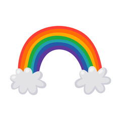 Rainbow of seven colors and clouds. Cute illustration isolated on white background.