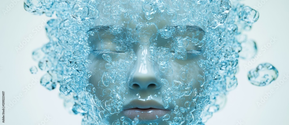 Poster a futuristic digital image of a 3d abstract robot cyborg head in glossy white, symbolizing advanced 