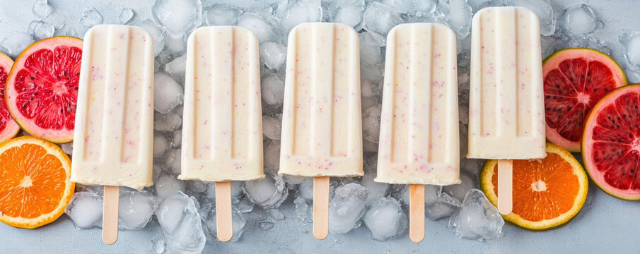 Frozen yogurt smoothie popsicles arranged on crushed ice with vibrant fruit slices, perfect summer treat concept