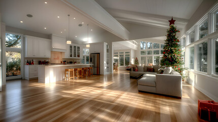Bright Modern Home Interior with Christmas Tree and Sunlight