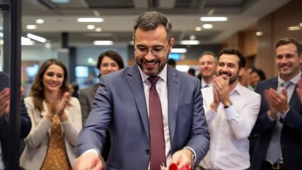 Happy male CEO cutting ribbon during opening ceremony of the new company while his colleagues are applauding