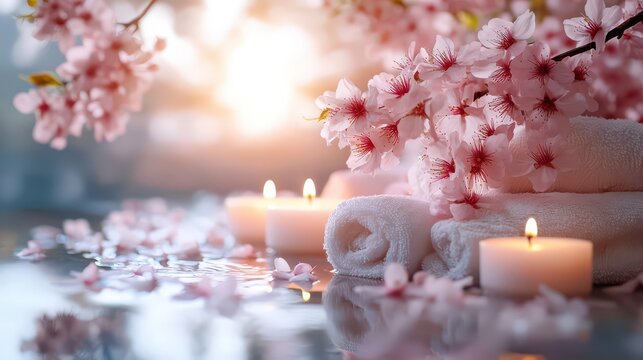 Pink flowers and candles perfectly create an atmosphere of tranquility. Relaxation. Spa concept