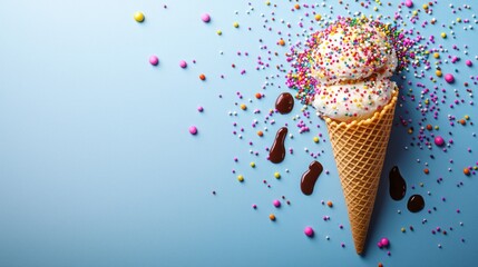 Double scoop ice cream cone, sprinkles, chocolate, blue background, dessert